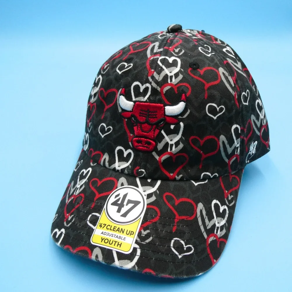 '47 Brand Cap‎ Youth Chicago Bulls Black Red Heart All Over Print Cotton Hat AOP